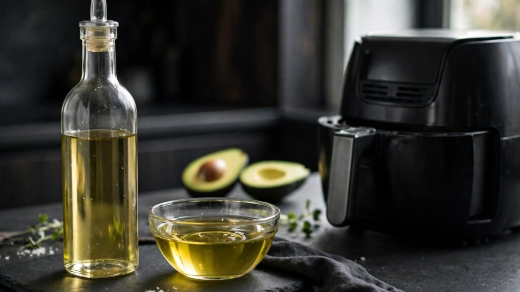 Refined avocado oil beside an air fryer
