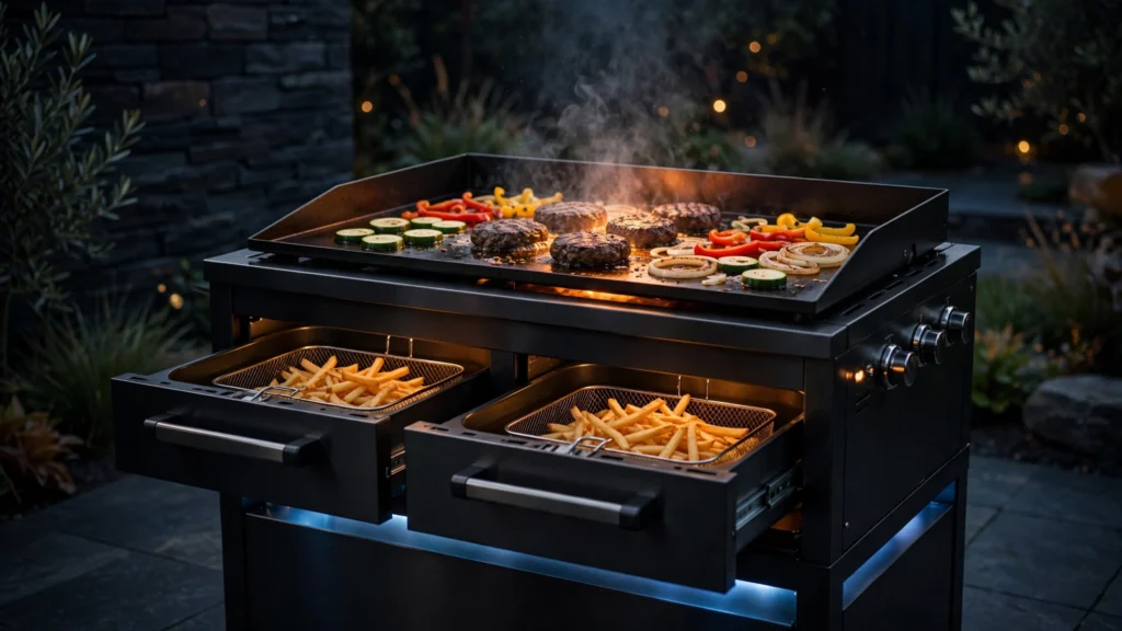 Blackstone griddle with integrated air fryer drawers in an outdoor cooking area at dusk