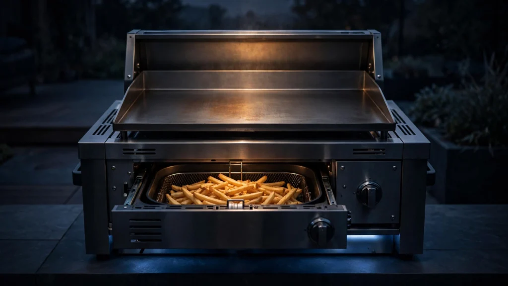 Griddle surface and air fryer drawer on a Blackstone-style outdoor appliance at night