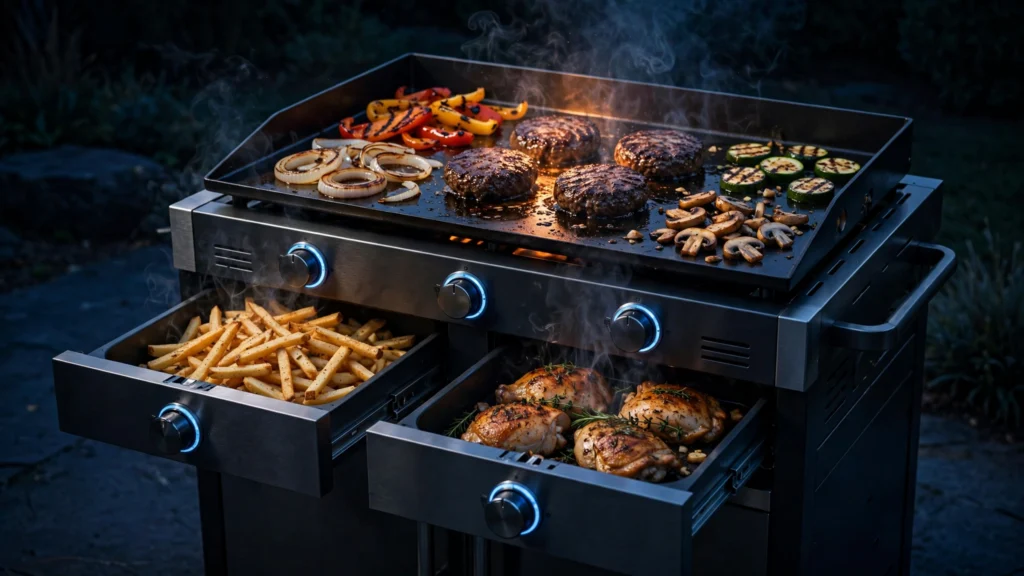 Burgers vegetables fries and chicken prepared on a Blackstone with air fryer at evening