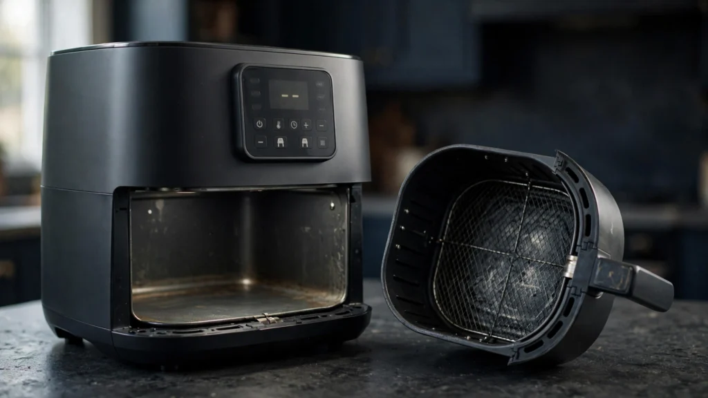 Air fryer basket being inspected for wear and damage