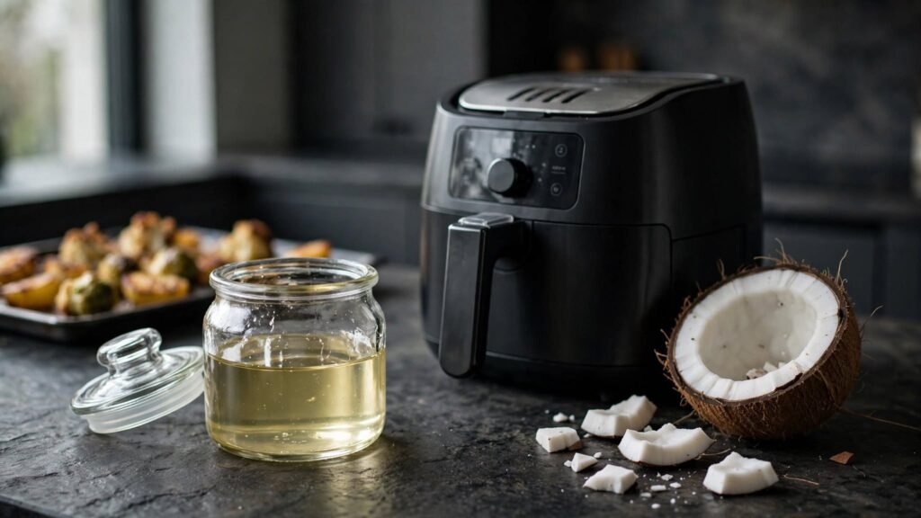 Refined coconut oil beside an air fryer with fresh coconut