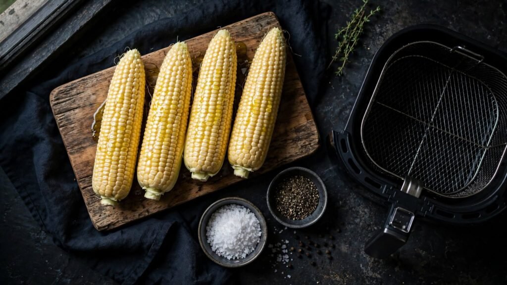 Fresh shucked corn prepared with oil and seasoning for air frying