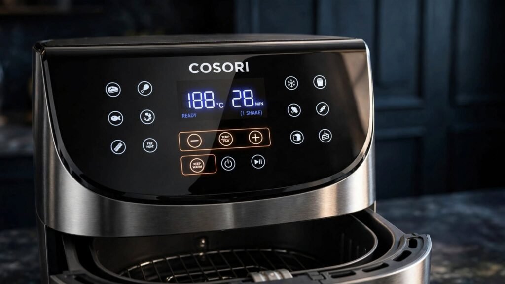 COSORI Iconic air fryer control panel and cooking settings