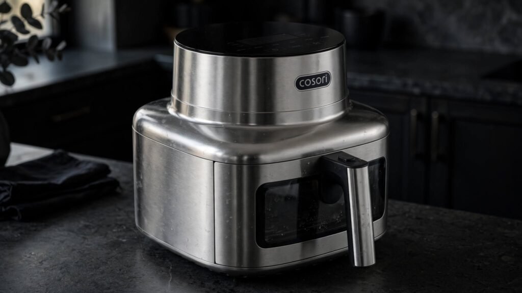COSORI Iconic 6.5-quart stainless steel air fryer on a kitchen countertop