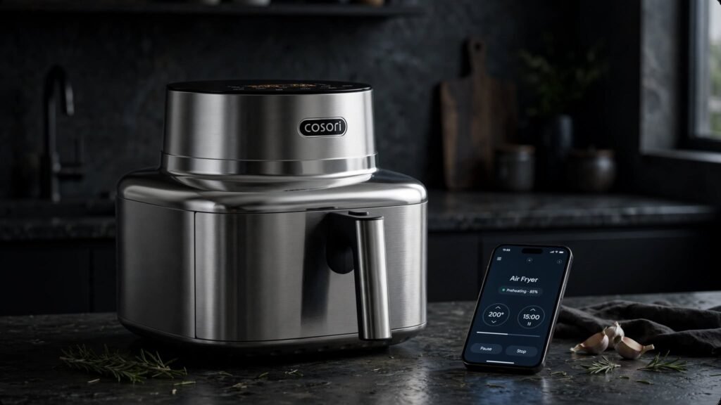 COSORI Iconic air fryer beside a smartphone for smart cooking control