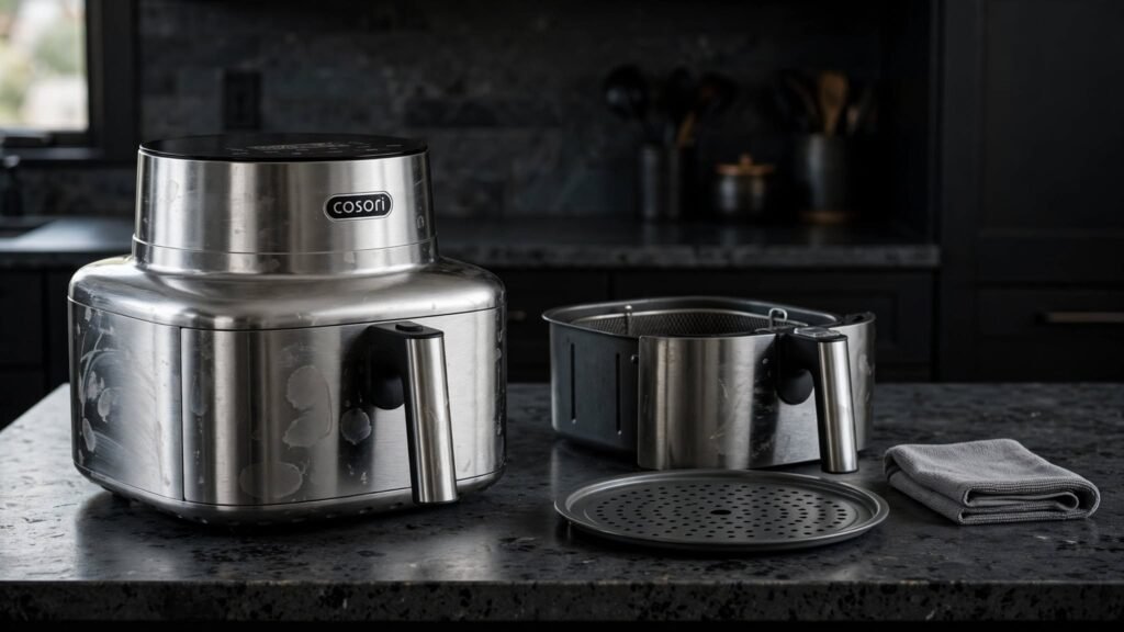 COSORI Iconic air fryer basket and crisper plate removed for cleaning