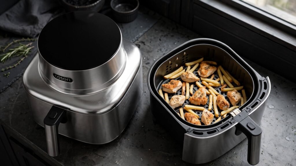 COSORI Iconic air fryer with a variety of cooked foods