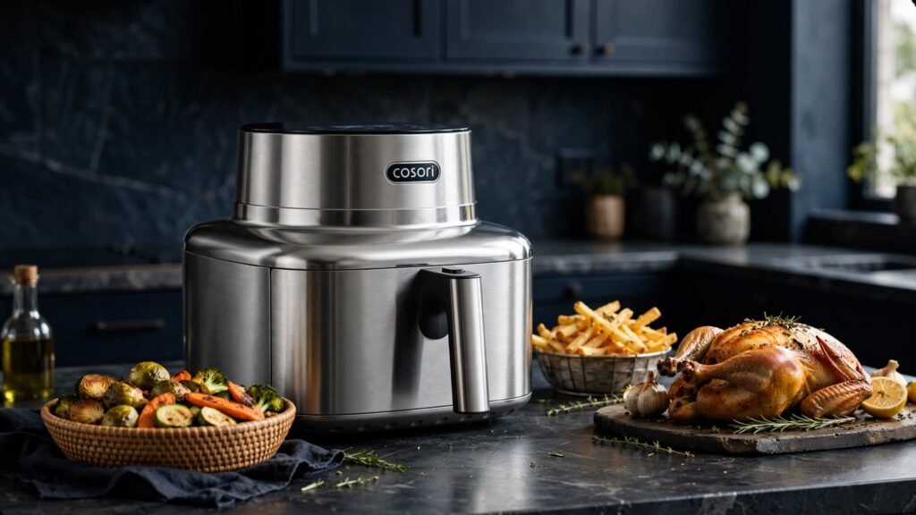 Crispy French fries and chicken cooked in a COSORI Iconic air fryer