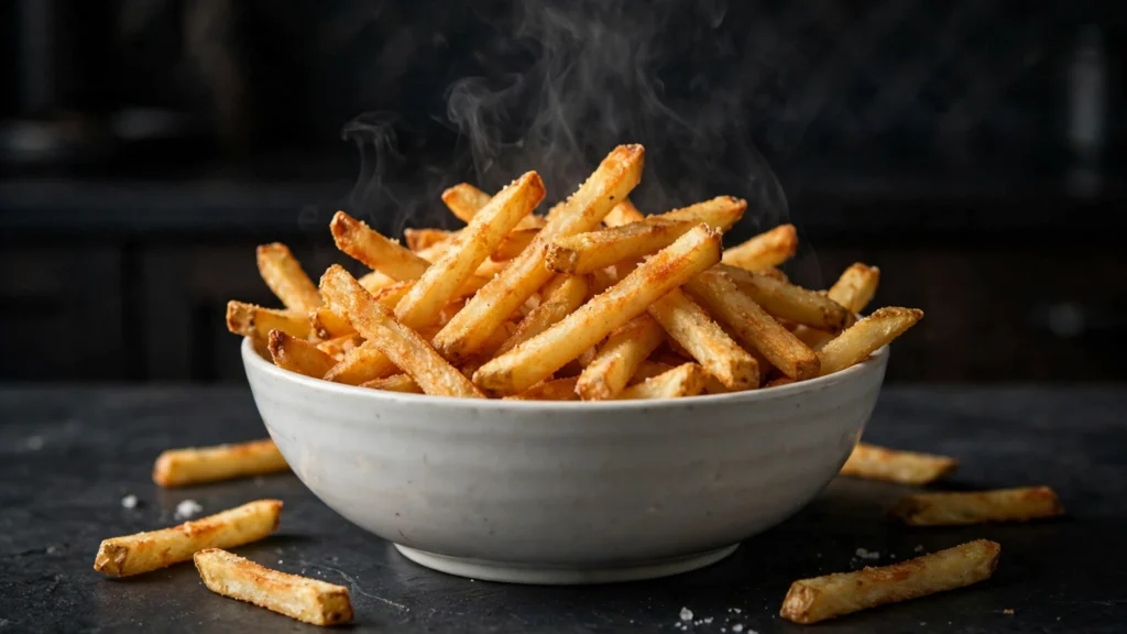 Crispy golden frozen French fries cooked in an air fryer