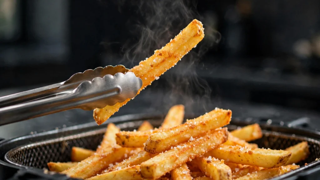 Golden frozen French fries checked for crispiness after air frying