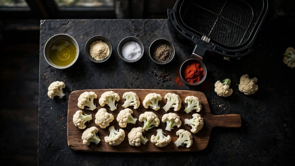 Cauliflower florets and seasonings prepared for air frying