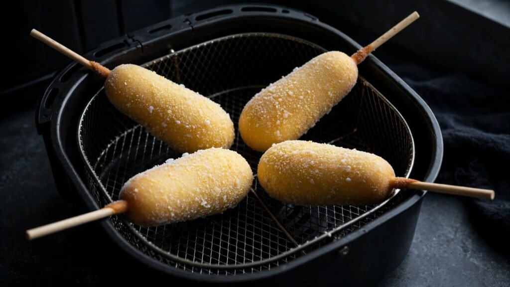 Frozen corn dogs arranged in a single layer in an air fryer basket