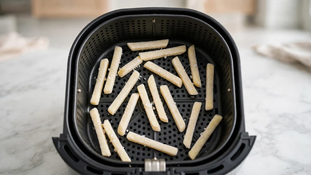 Frozen French fries arranged in a single layer in an air fryer basket