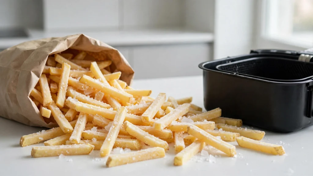 Frozen French fries ready to cook in an air fryer