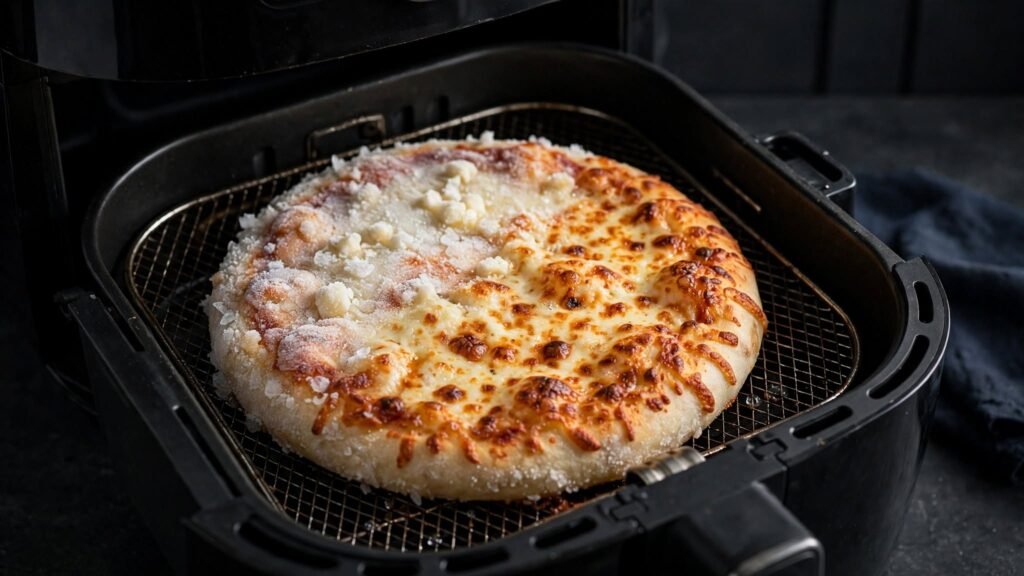 Frozen pizza cooking in an air fryer basket