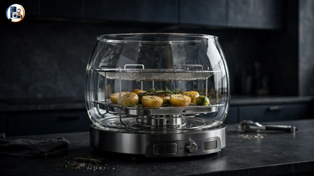 Glass air fryer with transparent cooking bowl