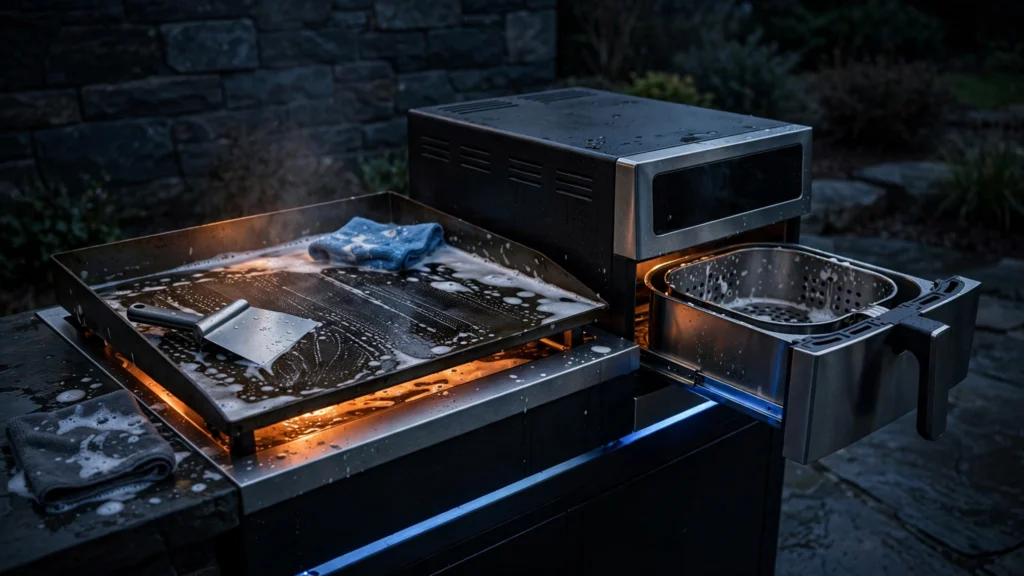 Blackstone griddle surface and removable air fryer drawer during cleaning in evening