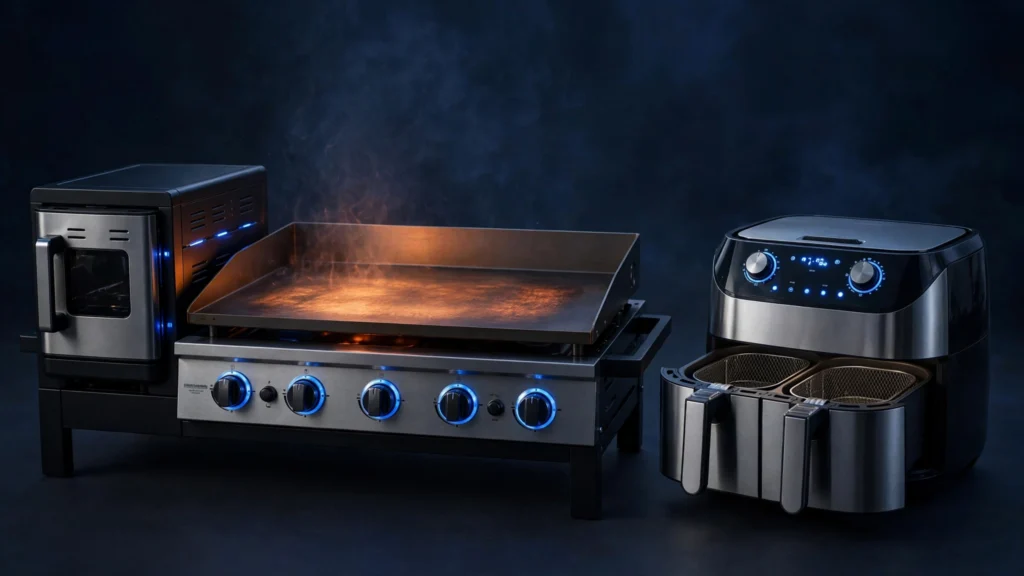 Blackstone outdoor griddle with air fryer beside a countertop basket air fryer in dark setting