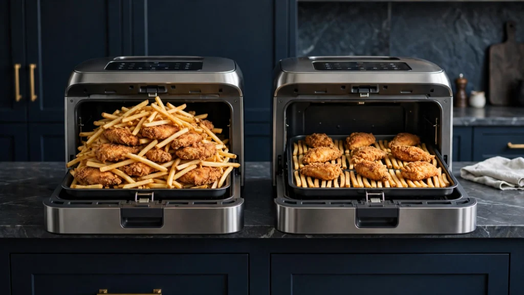 Overcrowded vs properly spaced air fry trays showing capacity difference