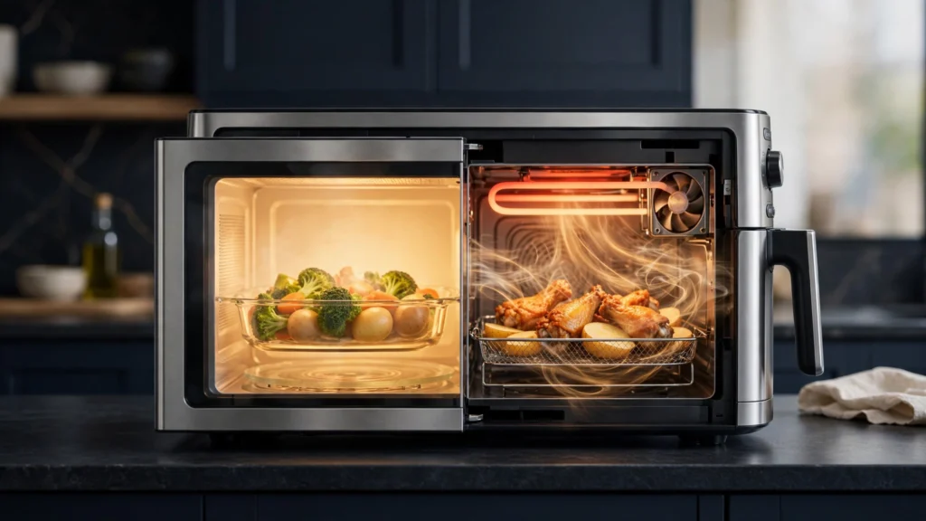 How microwave air fryer combo works showing microwave heating and hot air circulation