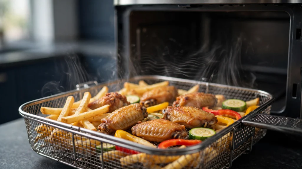 Air fry basket with fries chicken wings and vegetables spaced for airflow