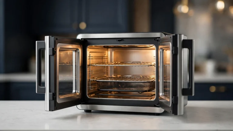 French door air fryer oven on a modern kitchen counter