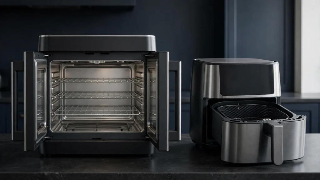 French door air fryer beside a basket air fryer