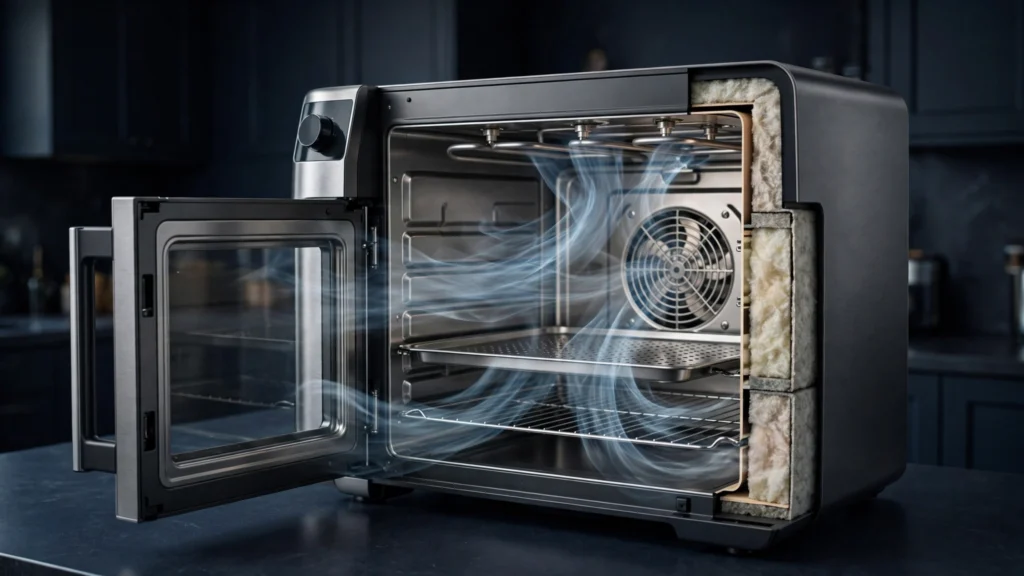Interior of a French door air fryer showing heating element, fan and air-fry tray