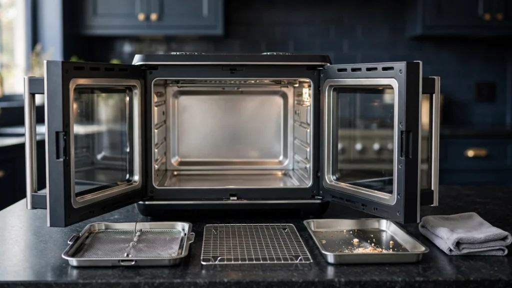 French door air fryer with removable trays and racks ready for cleaning