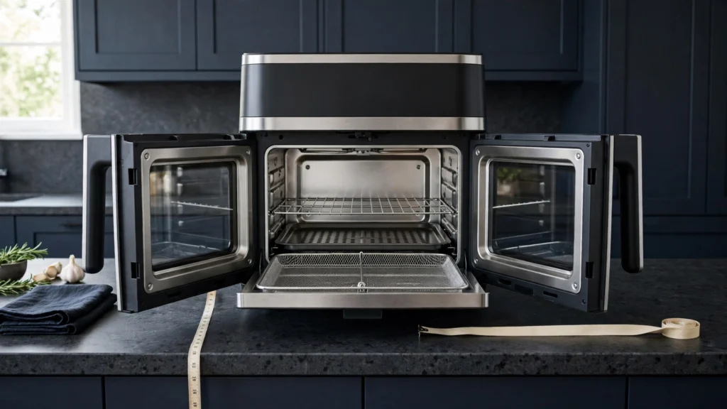 Measuring a French door air fryer for countertop space and tray size
