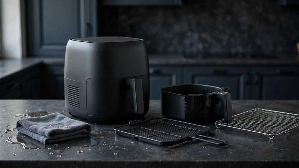 Air fryer basket and removable parts being cleaned