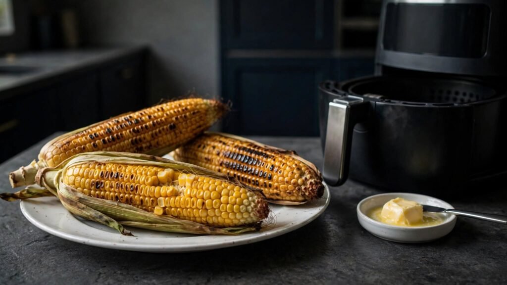 Golden air fryer corn on the cob with lightly charred kernels