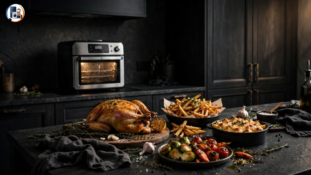 Family meal prepared with an oven-style Emeril 360 air fryer