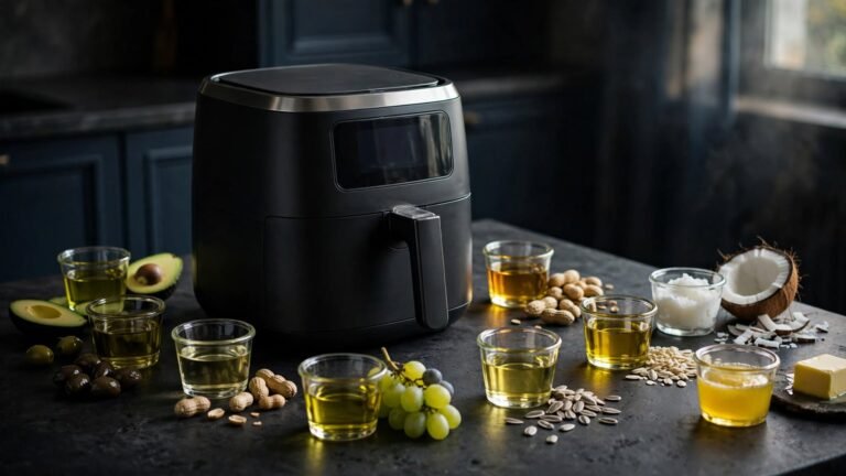 Nine cooking Best Oil for Air Fryer arranged beside an air fryer