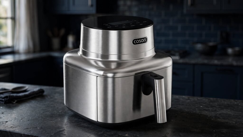Close-up of the COSORI Iconic stainless steel air fryer design