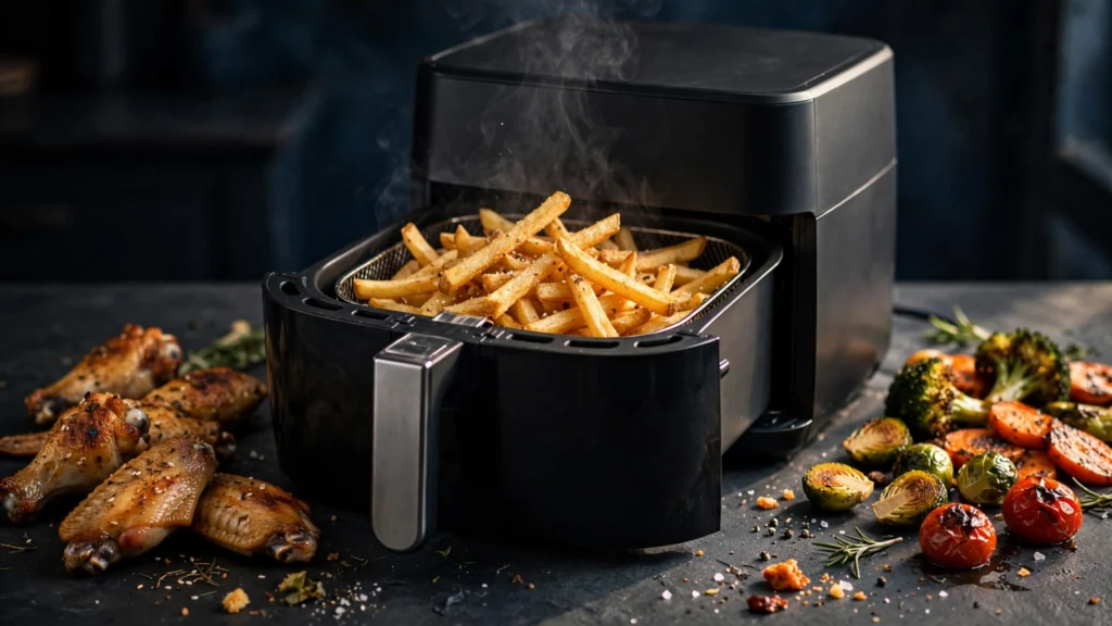 Crispy fries and chicken wings cooked in an air fryer