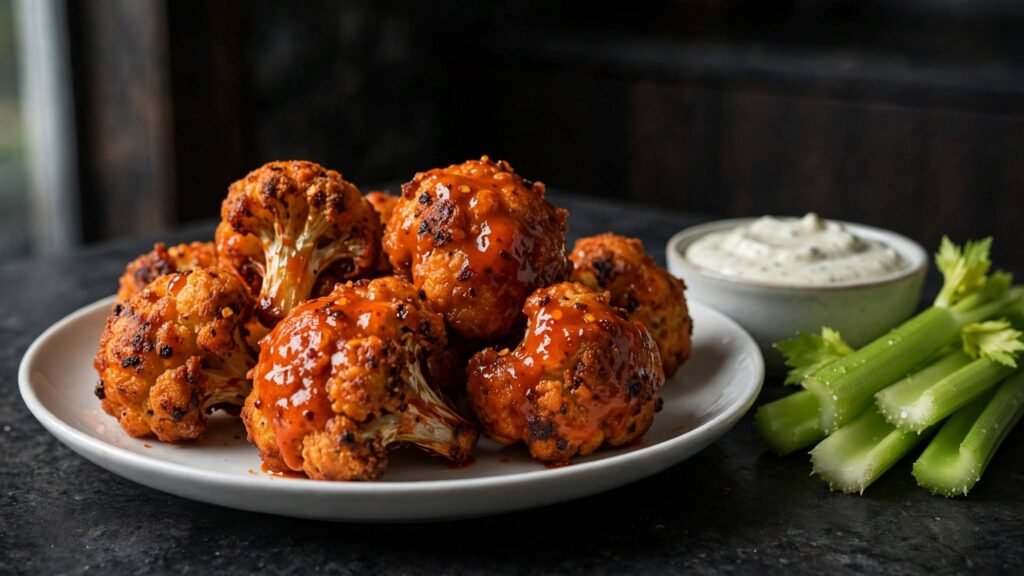 Crispy buffalo cauliflower florets with dipping sauce