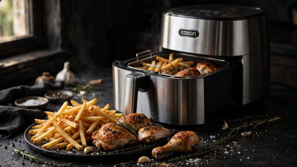 COSORI Iconic air fryer basket showing a spacious cooking surface
