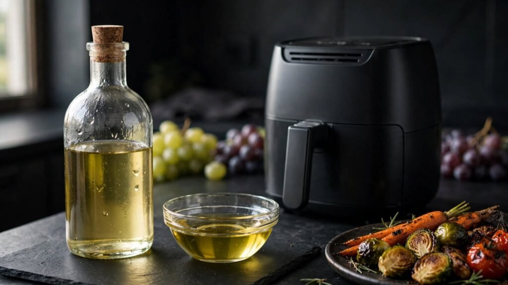 Grapeseed oil beside an air fryer with grapes and vegetables