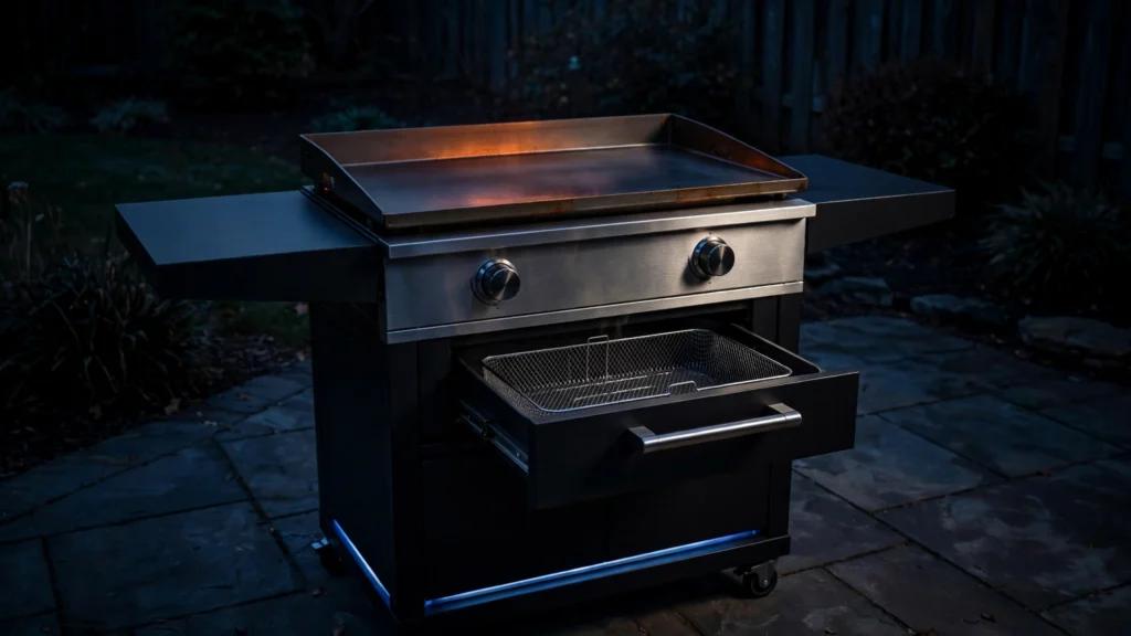 Blackstone-style outdoor griddle with integrated air fryer section in dark backyard