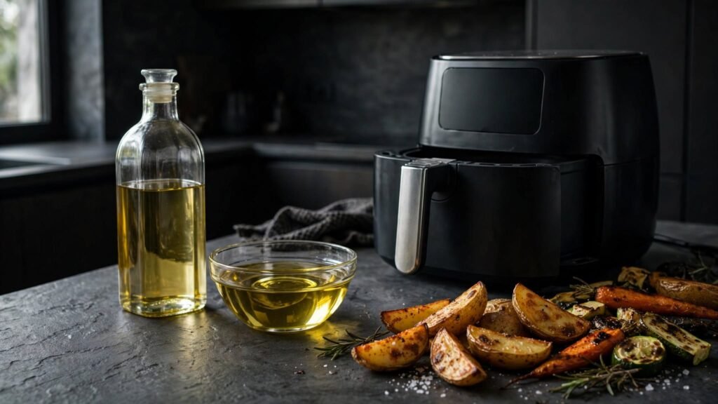 Vegetable oil beside an air fryer with roasted vegetables