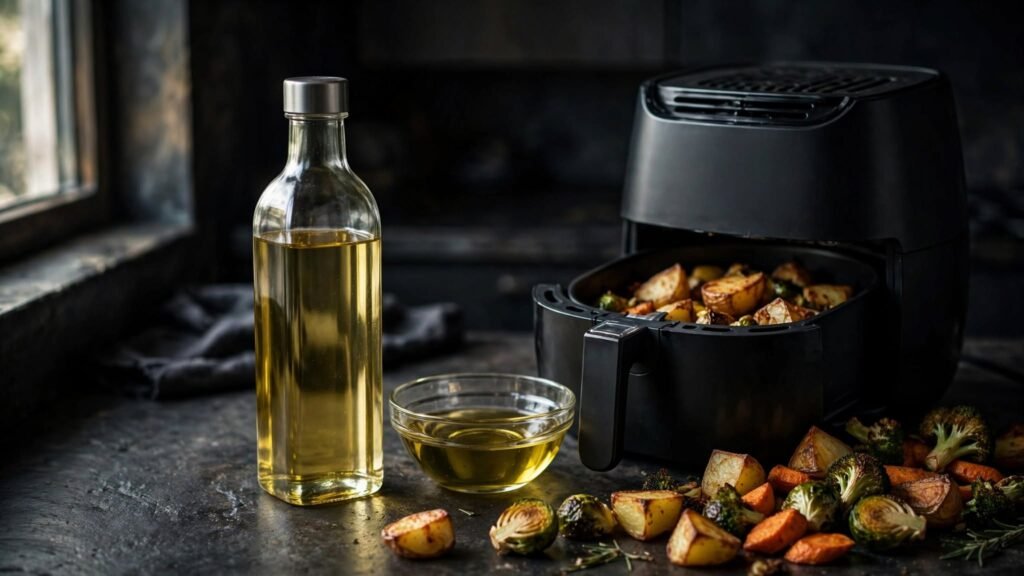 Canola oil beside an air fryer with potato wedges