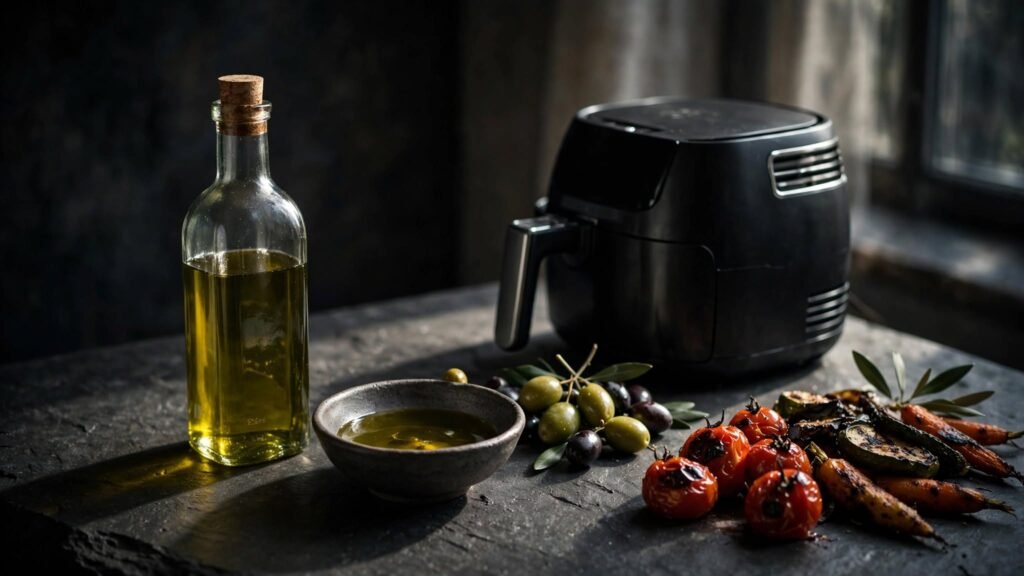Olive oil and vegetables beside an air fryer