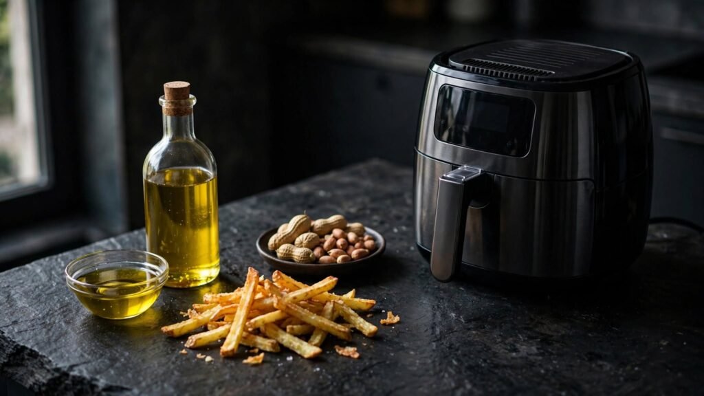 Peanut oil with fries and peanuts beside an air fryer