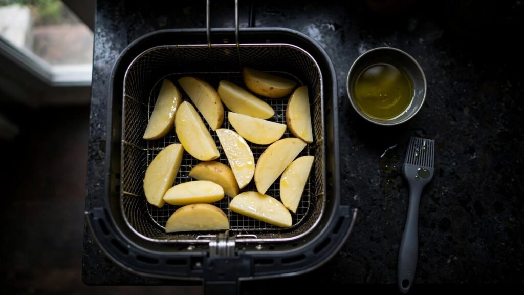 Potato wedges lightly coated with oil for air frying