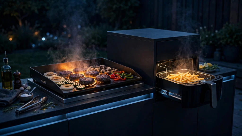 Blackstone griddle with air fryer used as versatile outdoor cooking station at blue hour