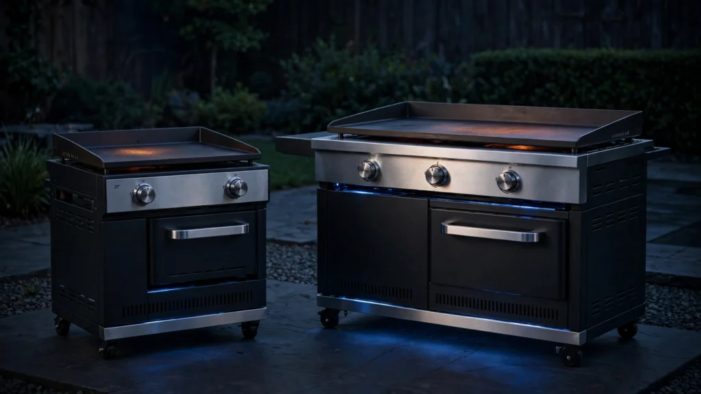 Compact and large Blackstone-style griddles with integrated air fryers side by side in dark setting