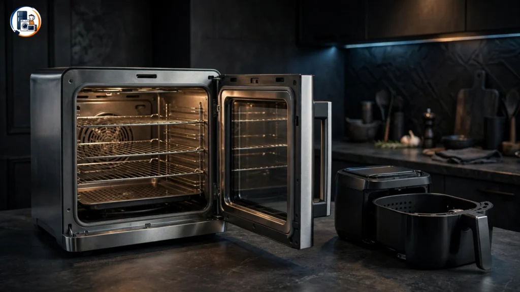 Open Emeril-style oven air fryer showing racks and cooking chamber