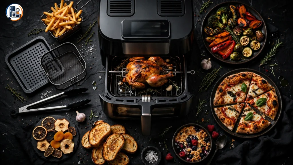 Emeril 360 air fryer surrounded by different foods and cooking accessories